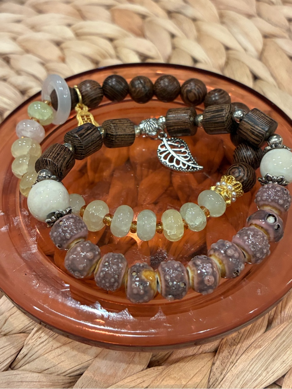 Stone Multi-Strand Beaded Bracelet Set in Brown, Gold and Cream